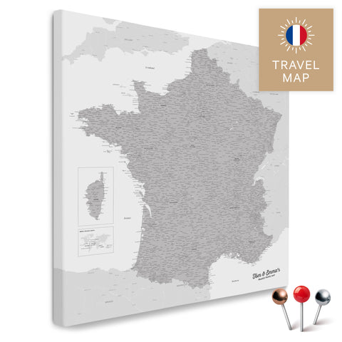 Frankreich-Landkarte in der Farbe Hellgrau in einem modernen, minimalistischem Design als Leinwand zum Pinnen von Reisen und Orten