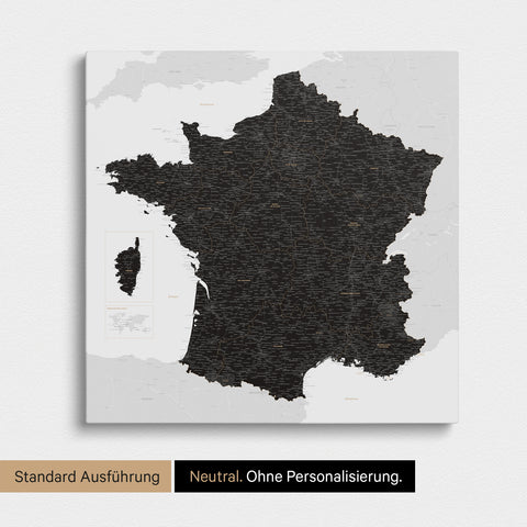Neutrale Standard Ausführung der detaillierten Frankreich-Karte als Pinnwand Leinwand in Light Black ohne Personalisierung