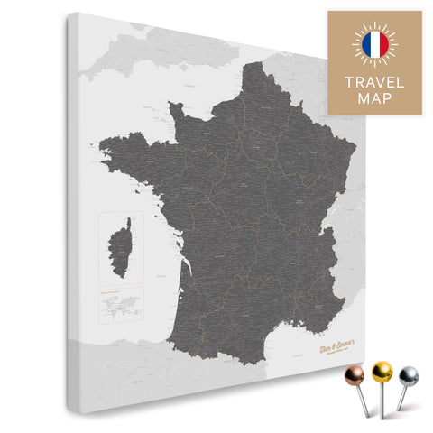 Frankreich-Landkarte in der Farbe Light Gray in einem modernen, minimalistischem Design als Leinwand zum Pinnen von Reisen und Orten