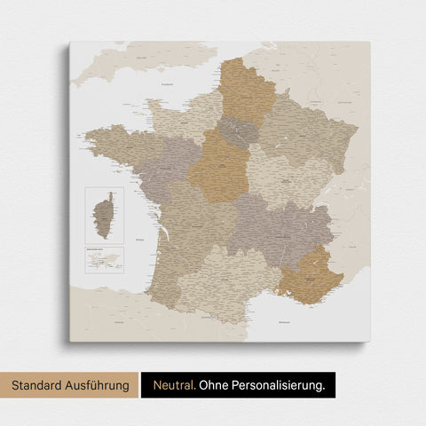 Neutrale Standard Ausführung der detaillierten Frankreich-Karte als Pinnwand Leinwand in Multicolor Beige ohne Personalisierung