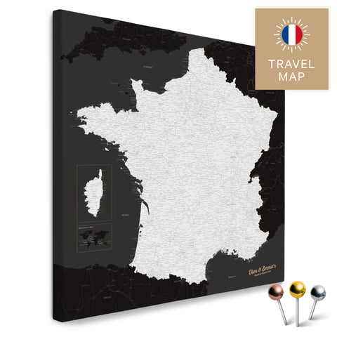 Frankreich-Landkarte in der Farbe Schwarz-Weiß in einem modernen, minimalistischem Design als Leinwand zum Pinnen von Reisen und Orten
