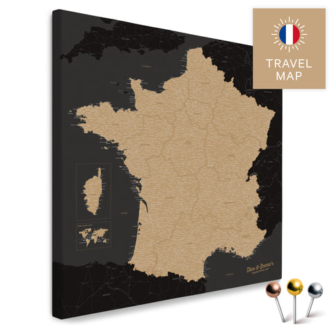 Frankreich-Landkarte in der Farbe Sonar Black in einem modernen, minimalistischem Design als Leinwand zum Pinnen von Reisen und Orten