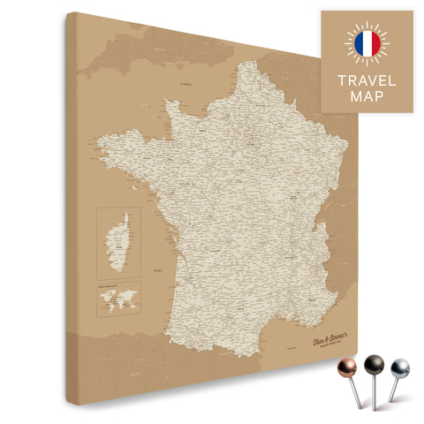 Frankreich-Landkarte in der Farbe Treasure Gold in einem modernen, minimalistischem Design als Leinwand zum Pinnen von Reisen und Orten