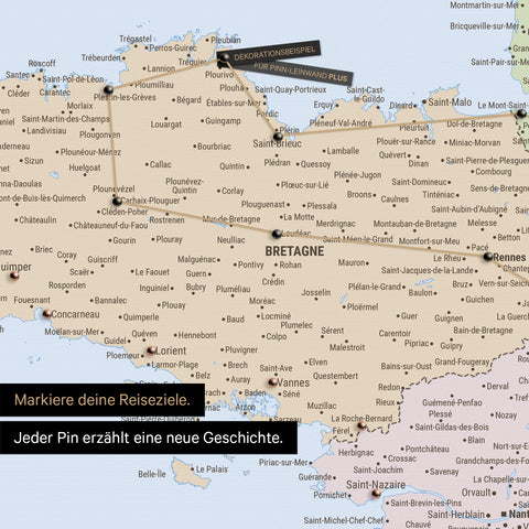 Political France map as Push Pin Map shows a section of Brittany, where already visited travel destinations are marked with pins