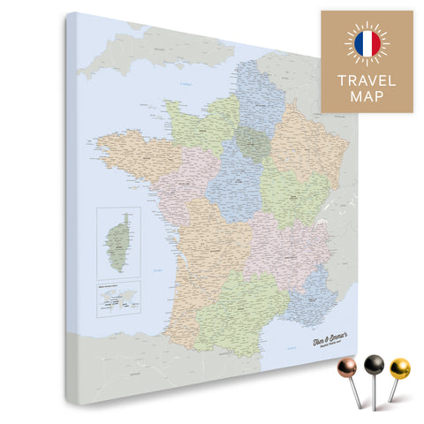 Politische Frankreich-Landkarte in einem modernen, minimalistischem Design als Leinwand zum Pinnen von Reisen und Orten