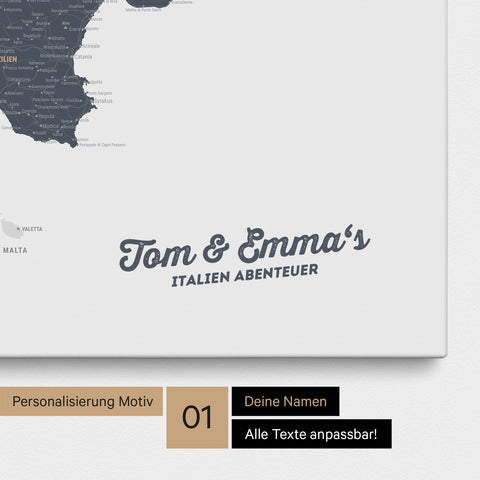Map of Italy as a pinboard canvas in denim blue with personalization and name in a modern script font
