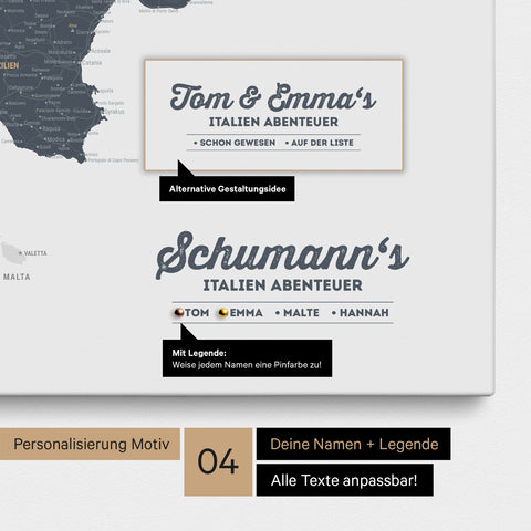 Italy map as canvas in denim blue with personalization as logo with family name and legend for places already visited and still want to visit