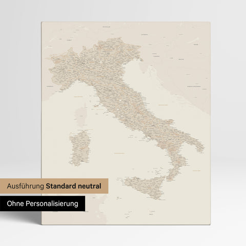 Neutrale Standard Ausführung der detaillierten Italien-Karte als Pinnwand Leinwand in Gold ohne Personalisierung