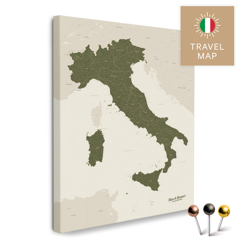 Italien-Landkarte in der Farbe Grün in einem modernen, minimalistischem Design als Leinwand zum Pinnen von Reisen und Orten