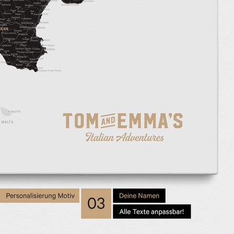 Italy map for pinning in Light Black with personalization in vintage style