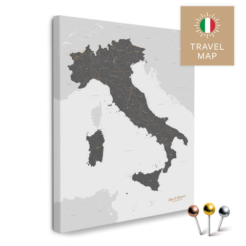 Italien-Landkarte in der Farbe Light Gray in einem modernen, minimalistischem Design als Leinwand zum Pinnen von Reisen und Orten