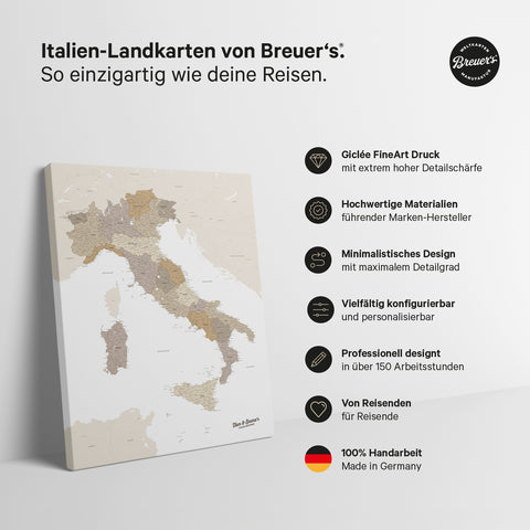 Italien-Karte als Leinwand in Multicolor Beige mit Personalisierung als Logo mit Familiennamen und Legende für Orte, die man bereits besucht hat und noch besuchen möchte