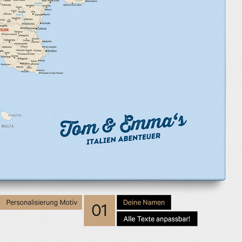 Landkarte von Italien als Pinnwand Leinwand in Multicolor Classic mit Personalisierung und Namen in einer modernen Schreibschrift