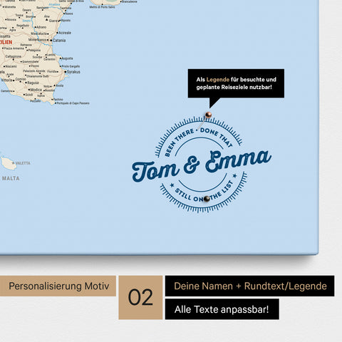 Italien-Karte Pinn-Leinwand in Multicolor Classic mit Personalisierung als rundes Logo, das eine Legende für bereits besuchte Reiseziele im Rundtext beinhaltet