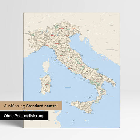 Neutrale Standard Ausführung der detaillierten Italien-Karte als Pinnwand Leinwand in Multicolor Classic ohne Personalisierung