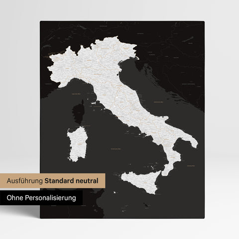 Neutrale Standard Ausführung der detaillierten Italien-Karte als Pinnwand Leinwand in Schwarz-Weiss ohne Personalisierung