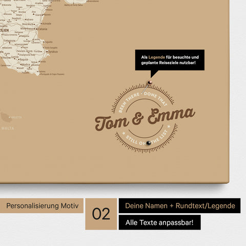 Italien-Karte Pinn-Leinwand in Treasure Gold (Gold-Beige) mit Personalisierung als rundes Logo, das eine Legende für bereits besuchte Reiseziele im Rundtext beinhaltet