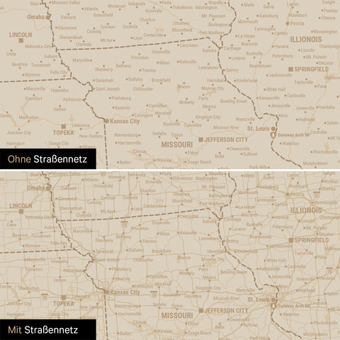 Kanada & USA Karte Pinn-Leinwand in Hale Navy (Dunkelblau-Gold) optional mit dem Straßennetz der größten Highways und Interstates