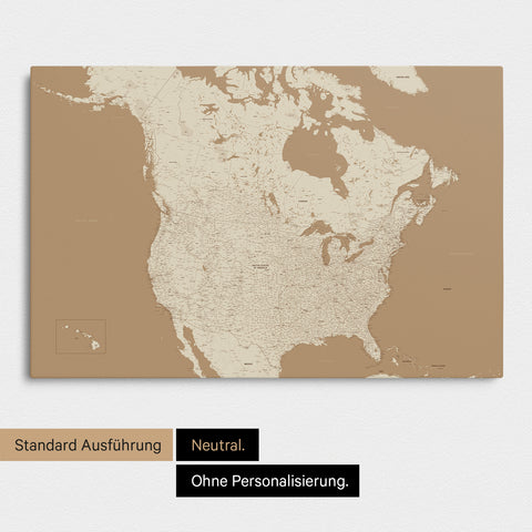 Neutrale und schlichte Ausführung einer Kanada & USA Karte als Pinn-Leinwand in Treasure Gold