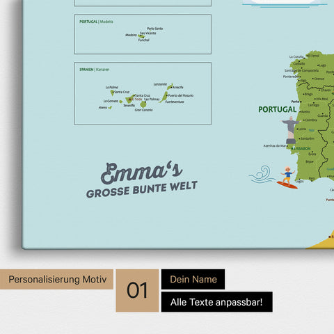 Kinder-Europakarte mit hohem Detailgrad als Pinn-Leinwand in Farbe Classic mit Personalisierung und Eindruck mit deinem Namen