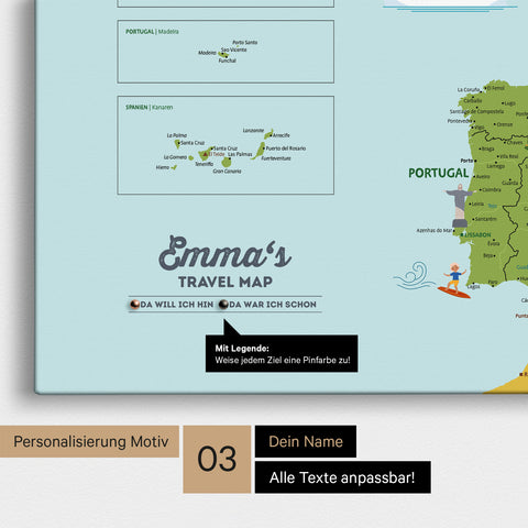 Detaillierte Kinder-Europakarte als Pinn-Leinwand in Farbe Classic mit Personalisierung als Logo ein Kind