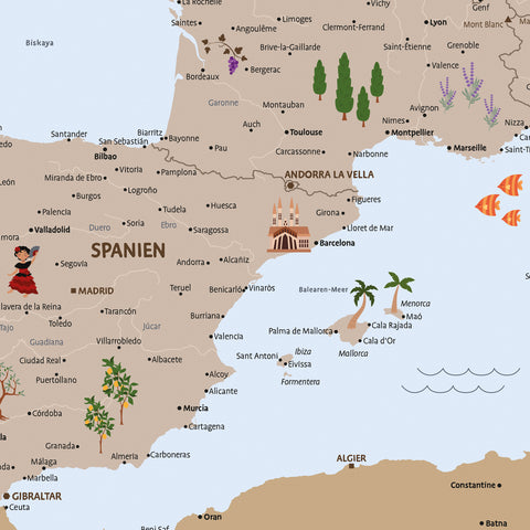 Ausschnitt einer Kinder-Europakarte als Poster in Farbe Brown zeigt Spanien mit Illustrationen