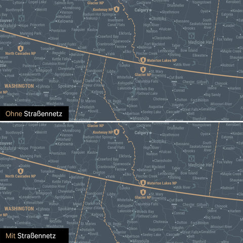 Nordamerika Karte Pinn-Leinwand in Denim Blue optional mit dem Straßennetz der größten Highways und Interstates