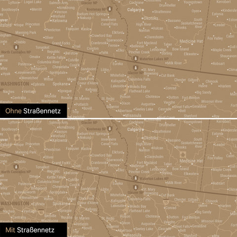 Neutrale und schlichte Ausführung einer Nordamerika Karte als Pinn-Leinwand in Sonar Black (Schwarz-Gold)
