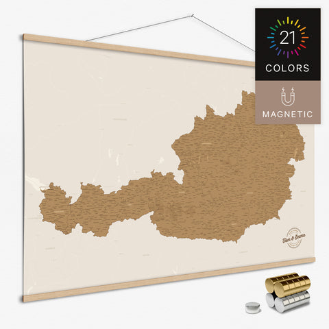 Magnetische Österreich Landkarte als Magnet-Poster zum Pinnen und Planen von Reisen mit Magneten, erhältlich in 21 Farben