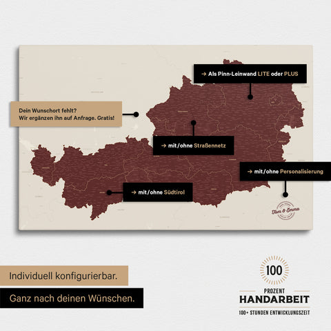 Konfigurationsmöglichkeiten einer Österreich-Landkarte mit Südtirol als Pinn-Leinwand in Bordeaux Rot