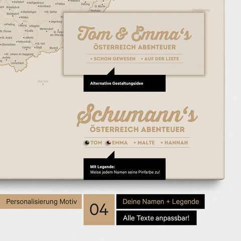 Pinnwand Leinwand einer Österreich-Karte in Gold mit Personalisierung als Logo mit Familiennamen