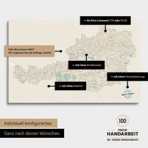 Konfigurationsmöglichkeiten einer Österreich-Landkarte mit Südtirol als Pinn-Leinwand in Multicolor Classic