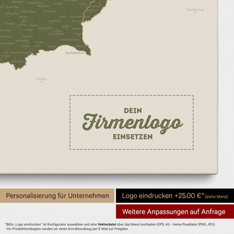 Österreich-Karte als Pinn-Leinwand in Olive Green mit Eindruck eines Firmenlogos