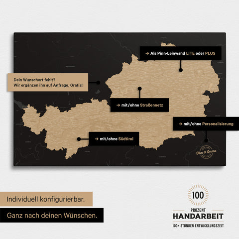 Konfigurationsmöglichkeiten einer Österreich-Landkarte mit Südtirol als Pinn-Leinwand in Sonar Black