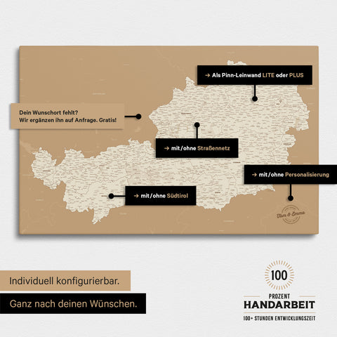 Konfigurationsmöglichkeiten einer Österreich-Landkarte mit Südtirol als Pinn-Leinwand in Treasure Gold