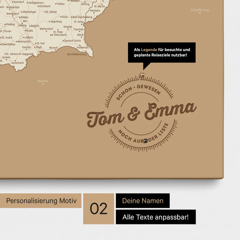 Pinnwand Leinwand einer Österreichkarte in Farbe Treasure Gold mit personalisiertem Eindruck von Namen und einer Legende zum Markieren