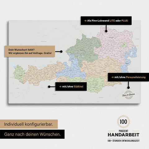 Konfigurationsmöglichkeiten einer politischen Österreich-Landkarte mit Südtirol als Pinn-Leinwand in Multicolor Atlas