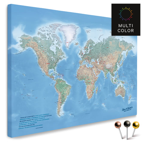Hochwertige physische Weltkarte in Multicolor Terra als Pinn-Leinwand oder Wandbild, perfekt zum Markieren und Planen von Reisen, kaufen