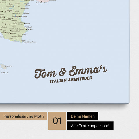 Politische Landkarte von Italien als Pinnwand Leinwand mit Personalisierung und Namen in einer modernen Schreibschrift