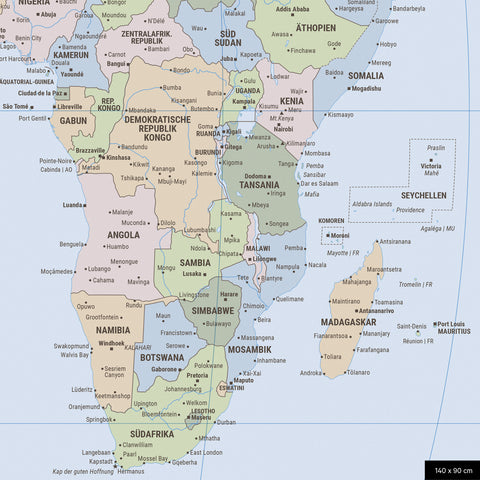 Politische Weltkarte in der Equal-Earth-Projektion als Pinnwand in der Farbe Multicolor Atlas, auf der Reiseziele in den USA und Kanada mit Pins markiert sind