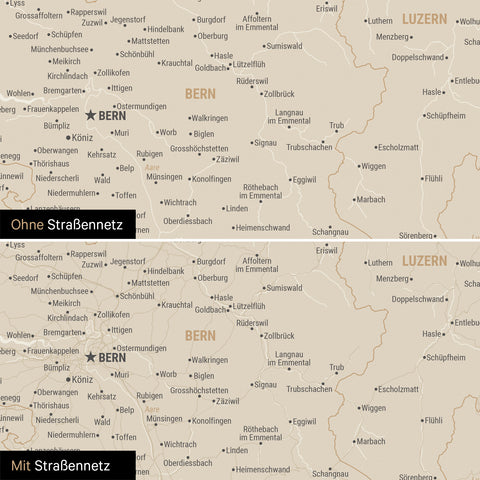 Schweiz-Karte Leinwand in Gold wahlweise mit oder ohne Straßennetz
