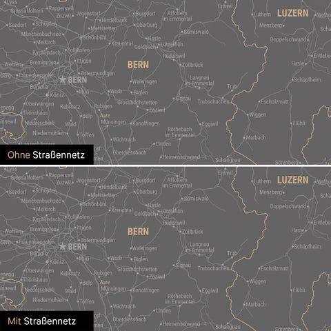 Schweiz-Karte Leinwand in Dunkelgrau wahlweise mit oder ohne Straßennetz