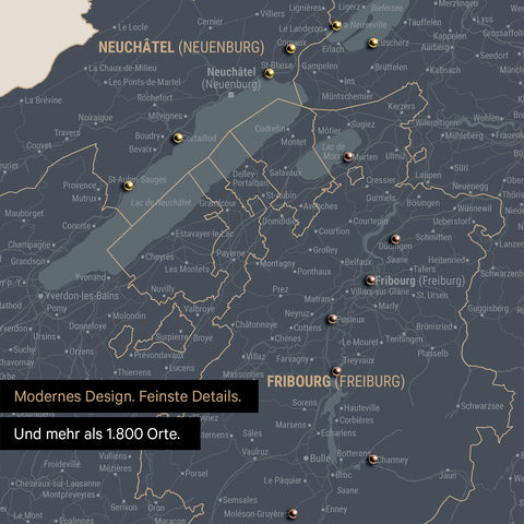 Ausschnitte einer Schweizkarte in der Region Freiburg und Thunersee als Pinn-Leinwand in Navy Light mit 1.400 Orten