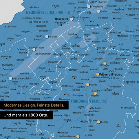 Ausschnitte einer Schweizkarte in der Region Freiburg und Thunersee in Blau mit 1.400 Orten