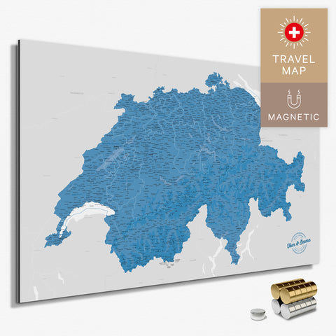 Magnetische Schweiz-Karte in Blau als Magnetboard zum Pinnen und Markieren von Reisezielen kaufen