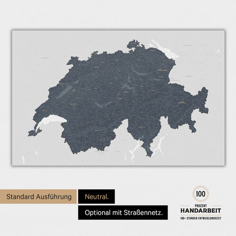 Neutrale und schlichte Ausführung einer magnetischen Schweiz-Karte in Denim Blue