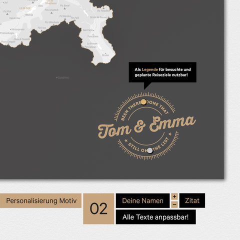 Personalisierte Magnet-Schweiz-Karte in Dunkelgrau mit eingedruckten Namen und einer Legende zur Markierung von besuchten Orten