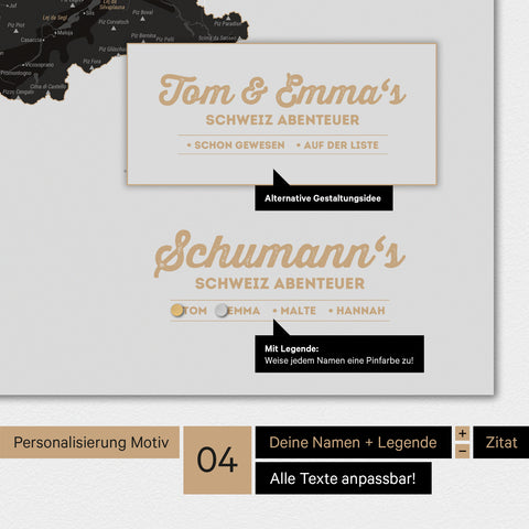 Magnetboard Schweiz-Karte in Light Black mit Personalisierung als Logo mit Familiennamen