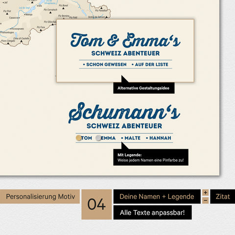 Magnetboard Schweiz-Karte in Multicolor Classic mit Personalisierung als Logo mit Familiennamen