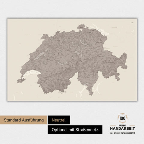 Neutrale und schlichte Ausführung einer magnetischen Schweiz-Karte in Warmgray (Braun-Grau)